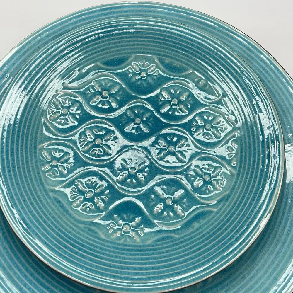 Vintage Set Pier 1 Turquoise Plate Crackle Pattern Stoneware Salad 8.5”  And 11”